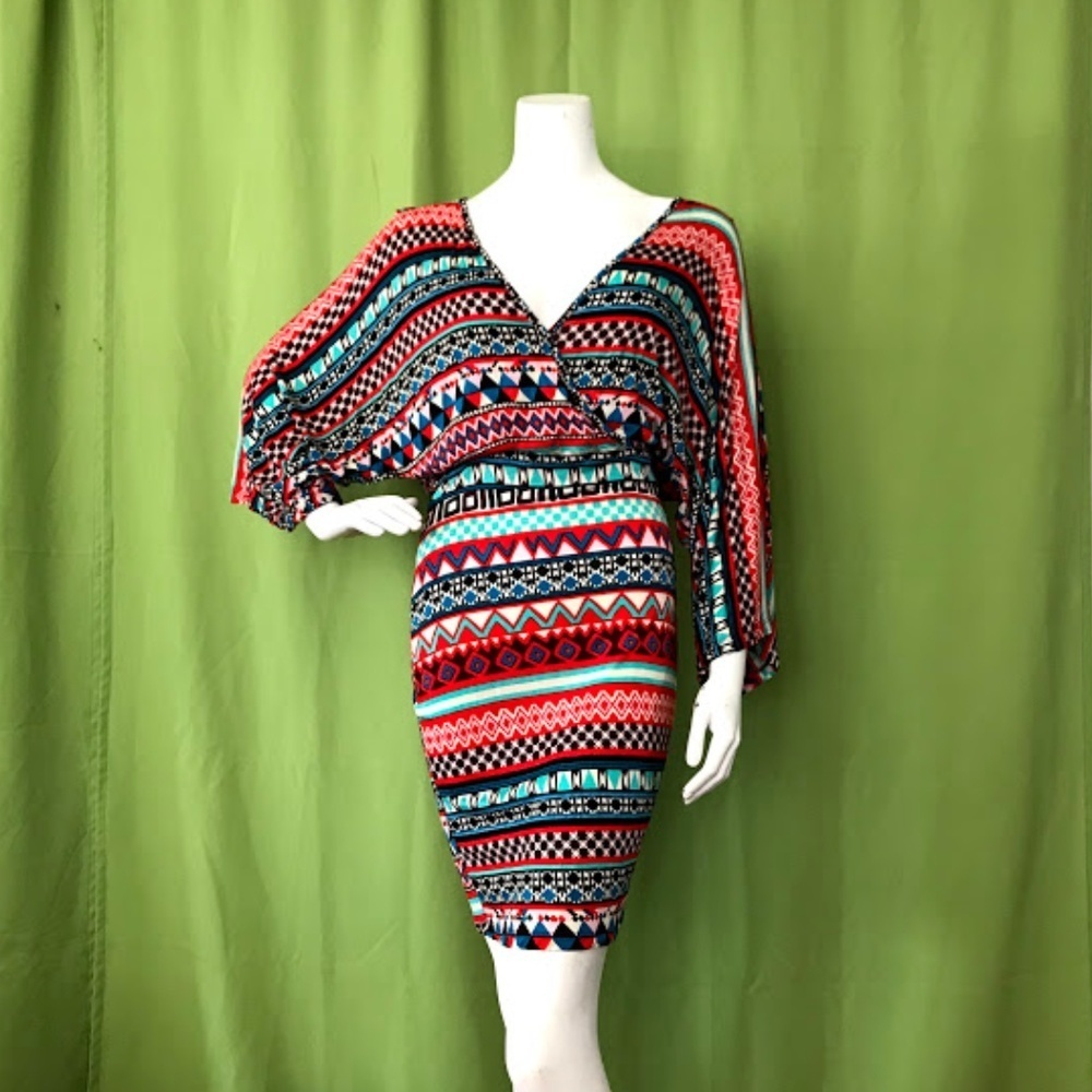 Plus Size Tribal Dolman‎ Sleeves Red Printed Dress